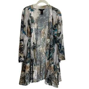 Ali Miles Open Front Kimono 2X Sheer Mesh Lace Multicolor Floral Peacock Feather